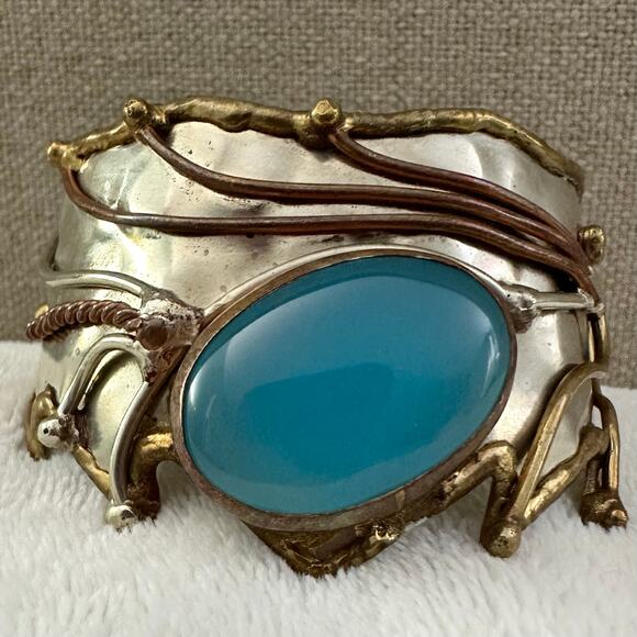 Vintage Brutalist Artisan Chalcedony Mixed Metals Brass Copper Statement Cuff - Picture 1 of 9
